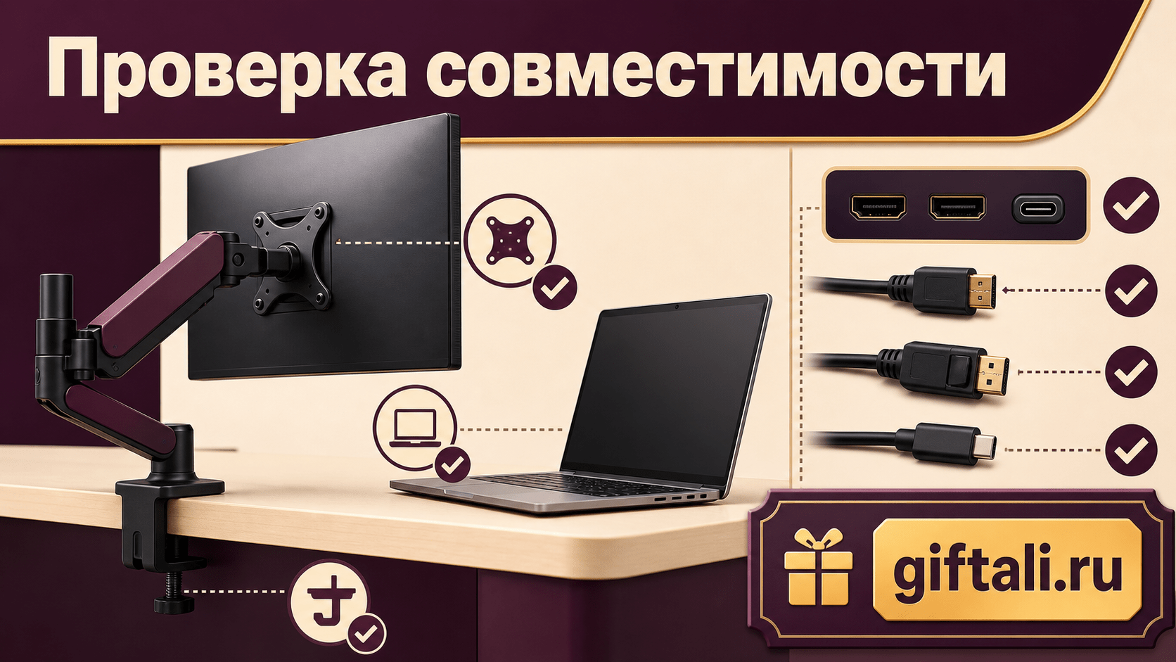 Проверка крепления монитора, разъёмов и кабелей